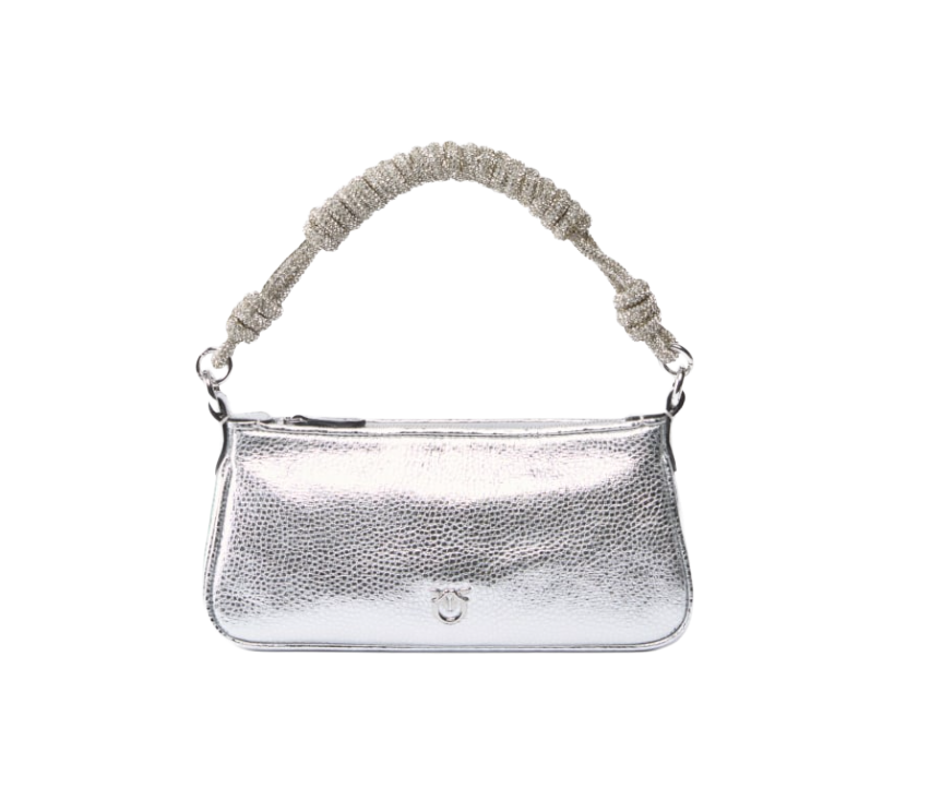 Borsa a mano piccola Mini Half Moon Baguette in pelle laminata con strass Pinko